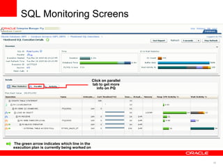 36 
SQL Monitoring Screens 
The green arrow indicates which line in the 
execution plan is currently being worked on 
Click on parallel 
tab to get more 
info on PQ 
 