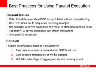 38
Best Practices for Using Parallel Execution
Current Issues
• Difficult to determine ideal DOP for each table without manual tuning
• One DOP does not fit all queries touching an object
• Not enough PX server processes can result in statement running serial
• Too many PX server processes can thrash the system
• Only uses IO resources
Solution
• Oracle automatically decides if a statement
1. Executes in parallel or not and what DOP it will use
2. Can execute immediately or will be queued
3. Will take advantage of aggregated cluster memory or not
 