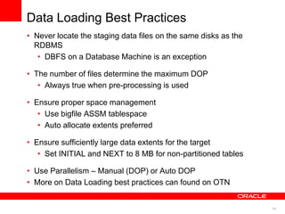 44
Data Loading Best Practices
• Never locate the staging data files on the same disks as the
RDBMS
• DBFS on a Database Machine is an exception
• The number of files determine the maximum DOP
• Always true when pre-processing is used
• Ensure proper space management
• Use bigfile ASSM tablespace
• Auto allocate extents preferred
• Ensure sufficiently large data extents for the target
• Set INITIAL and NEXT to 8 MB for non-partitioned tables
• Use Parallelism – Manual (DOP) or Auto DOP
• More on Data Loading best practices can found on OTN
 
