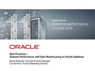 <Insert Picture Here>
Best Practices –
Extreme Performance with Data Warehousing on Oracle Database
Rekha Balwada, Principal Product Manager
Levi Norman, Product Marketing Director
 