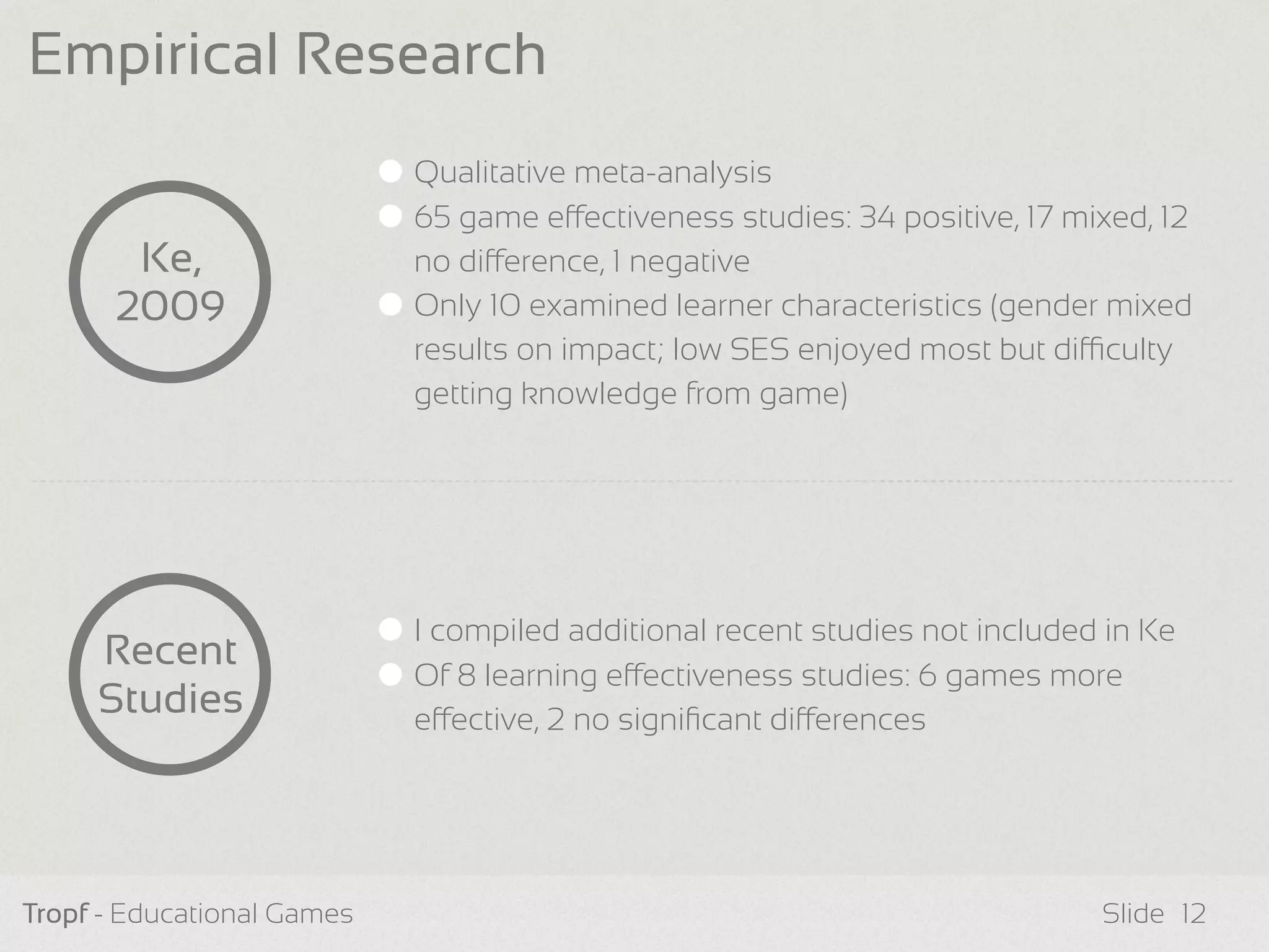 Tropf - Educational Games Slide
Qualitative meta-analysis
65 game eectiveness studies: 34 positive, 17 mixed, 12
no dierence, 1 negative
Only 10 examined learner characteristics (gender mixed
results on impact; low SES enjoyed most but diculty
getting knowledge from game)
Empirical Research
Ke,
2009
Recent
Studies
12
I compiled additional recent studies not included in Ke
Of 8 learning eectiveness studies: 6 games more
eective, 2 no signiﬁcant dierences
 