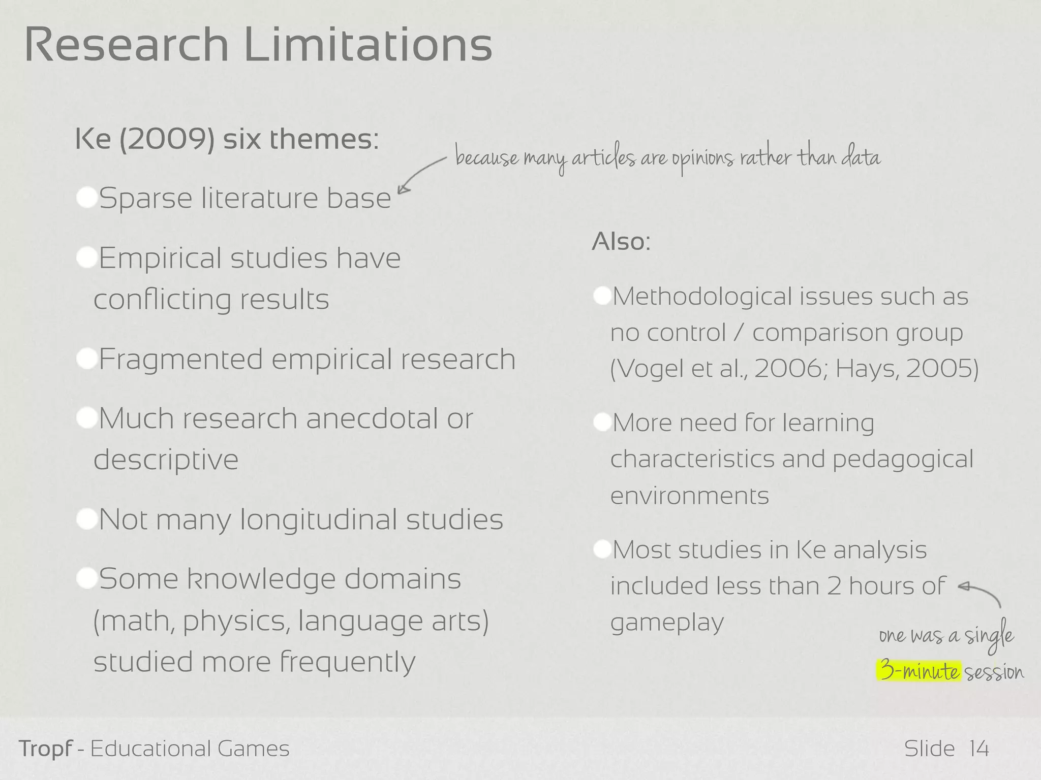 Ke (2009) six themes:
Sparse literature base
Empirical studies have
conﬂicting results
Fragmented empirical research
Much research anecdotal or
descriptive
Not many longitudinal studies
Some knowledge domains
(math, physics, language arts)
studied more frequently
Tropf - Educational Games Slide
Research Limitations
because many articles are opinions rather than data
14
Also:
Methodological issues such as
no control / comparison group
(Vogel et al., 2006; Hays, 2005)
More need for learning
characteristics and pedagogical
environments
Most studies in Ke analysis
included less than 2 hours of
gameplay one was a single
3-minute session
 