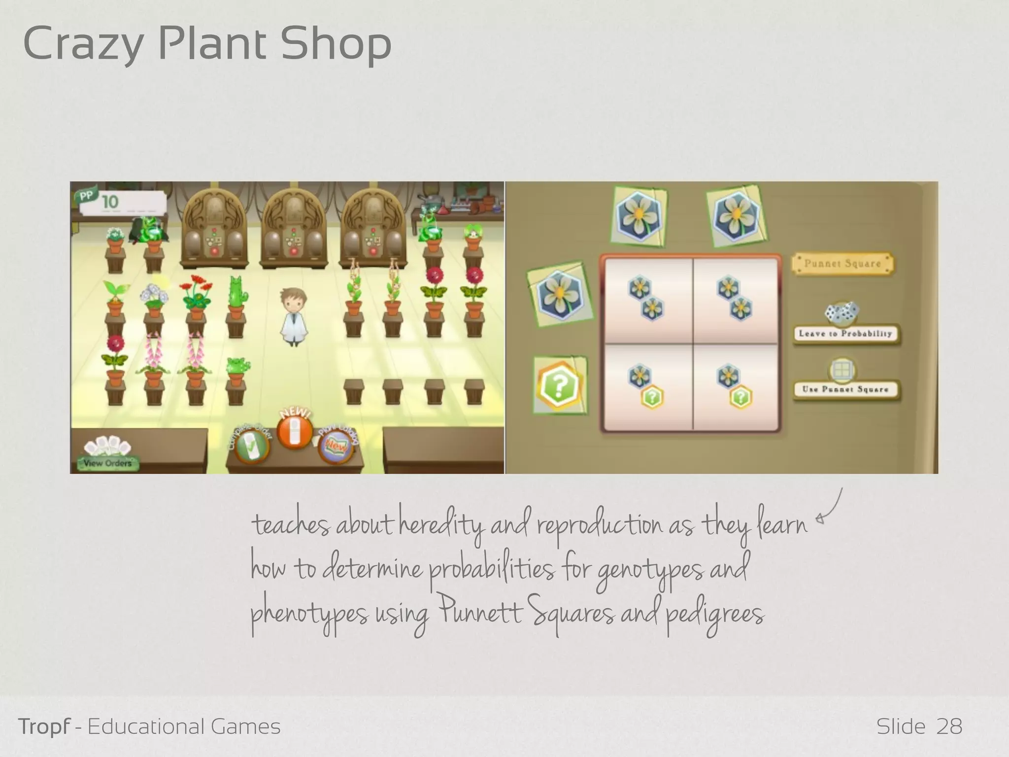 Tropf - Educational Games Slide
Crazy Plant Shop
28
teaches about heredity and reproduction as they learn
how to determine probabilities for genotypes and
phenotypes using Punnett Squares and pedigrees
 