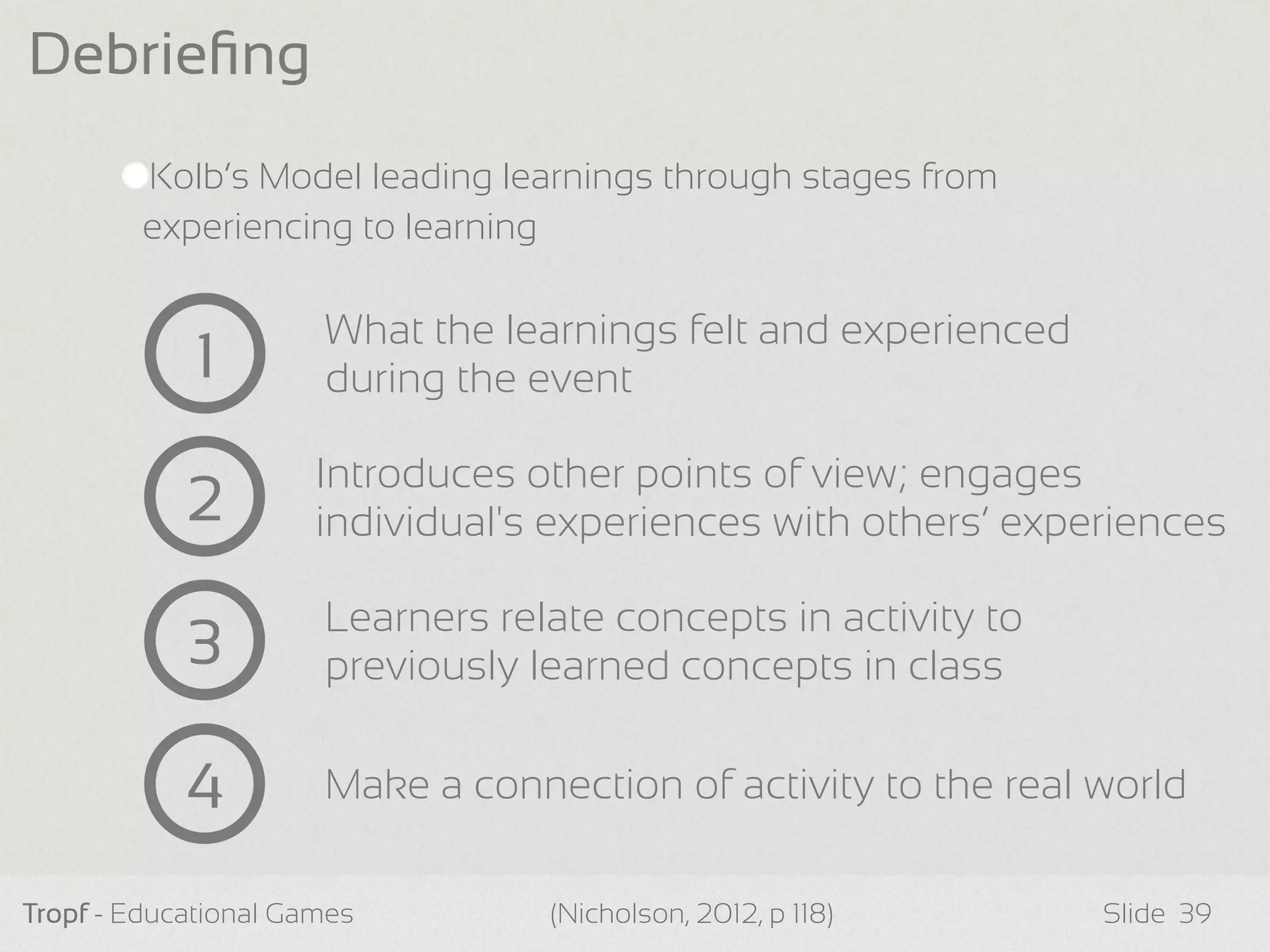 Kolb’s Model leading learnings through stages from
experiencing to learning
Tropf - Educational Games Slide
Debrieﬁng
39(Nicholson, 2012, p 118)
1
What the learnings felt and experienced
during the event
Introduces other points of view; engages
individual's experiences with others’ experiences
Learners relate concepts in activity to
previously learned concepts in class
2
3
4 Make a connection of activity to the real world
 