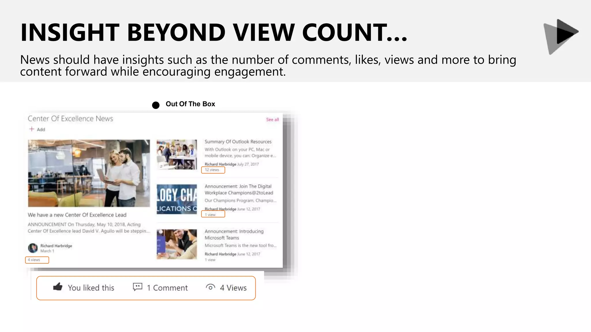 INSIGHT BEYOND VIEW COUNT…
News should have insights such as the number of comments, likes, views and more to bring
content forward while encouraging engagement.
Out Of The Box
●
 