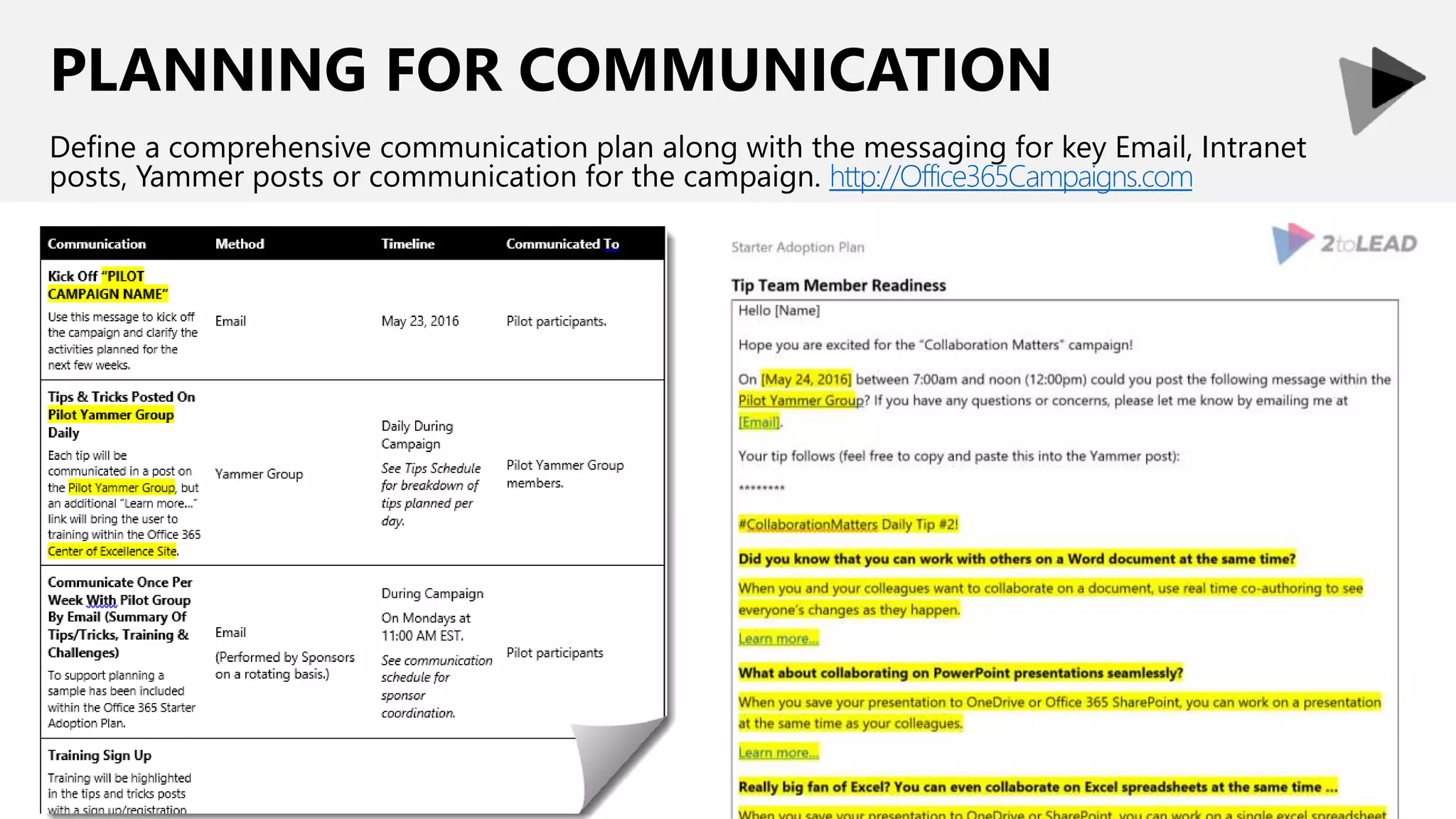 PLANNING FOR COMMUNICATION
Define a comprehensive communication plan along with the messaging for key Email, Intranet
posts, Yammer posts or communication for the campaign. http://Office365Campaigns.com
 
