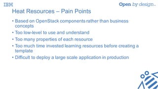 Heat Resources – Pain Points
• Based on OpenStack components rather than business
concepts
• Too low-level to use and understand
• Too many properties of each resource
• Too much time invested learning resources before creating a
template
• Difficult to deploy a large scale application in production
 
