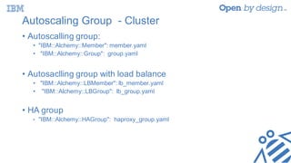 Autoscaling Group - Cluster
• Autoscalling group:
• "IBM::Alchemy::Member": member.yaml
• "IBM::Alchemy::Group": group.yaml
• Autosaclling group with load balance
• "IBM::Alchemy::LBMember": lb_member.yaml
• "IBM::Alchemy::LBGroup": lb_group.yaml
• HA group
• "IBM::Alchemy::HAGroup": haproxy_group.yaml
 