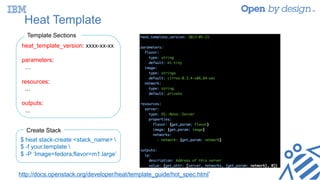 Heat Template
heat_template_version: xxxx-xx-xx
parameters:
…
resources:
...
outputs:
...
Template Sections
$ heat stack-create <stack_name> 
$ -f your.template 
$ -P ’Image=fedora;flavor=m1.large’
Create Stack
http://docs.openstack.org/developer/heat/template_guide/hot_spec.html`
 