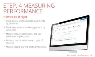 STEP: 4 MEASURING
PERFORMANCE
How to do it right
•	 Track posts, shares, tweets, comments
by platform
•	 Track impressions...