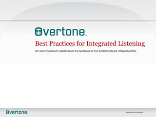 Best Practices for Integrated Listening
WE HELP COMPANIES UNDERSTAND THE MEANING OF THE WORLD’S ONLINE CONVERSATIONS




                                                                    Proprietary and Confidential
 