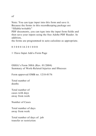 of
Note: You can type input into this form and save it.
Because the forms in this recordkeeping package are
“fillable/writable”
PDF documents, you can type into the input form fields and
then save your inputs using the free Adobe PDF Reader. In
addition,
the forms are programmed to auto-calculate as appropriate.
0 3 0 0 8 14 2 0 1 0 0 0
1 1Save Input Add a Form Page
OSHA’s Form 300A (Rev. 01/2004)
Summary of Work-Related Injuries and Illnesses
Form approved OMB no. 1218-0176
Total number of
deaths
Total number of
cases with days
away from work
Number of Cases
Total number of days
away from work
Total number of days of job
transfer or restriction
 
