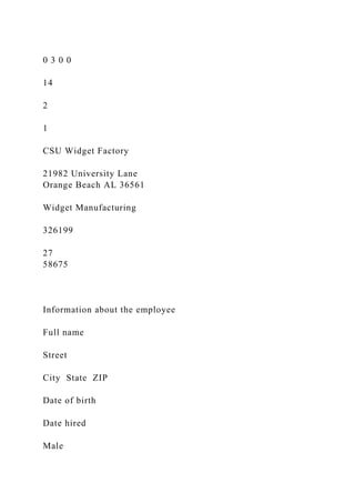0 3 0 0
14
2
1
CSU Widget Factory
21982 University Lane
Orange Beach AL 36561
Widget Manufacturing
326199
27
58675
Information about the employee
Full name
Street
City State ZIP
Date of birth
Date hired
Male
 