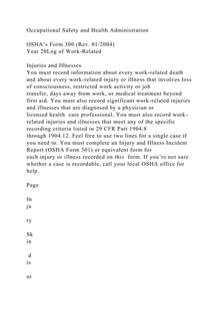 Occupational Safety and Health Administration
OSHA’s Form 300 (Rev. 01/2004)
Year 20Log of Work-Related
Injuries and Illnesses
You must record information about every work-related death
and about every work-related injury or illness that involves loss
of consciousness, restricted work activity or job
transfer, days away from work, or medical treatment beyond
first aid. You must also record significant work-related injuries
and illnesses that are diagnosed by a physician or
licensed health care professional. You must also record work-
related injuries and illnesses that meet any of the specific
recording criteria listed in 29 CFR Part 1904.8
through 1904.12. Feel free to use two lines for a single case if
you need to. You must complete an Injury and Illness Incident
Report (OSHA Form 301) or equivalent form for
each injury or illness recorded on this form. If you’re not sure
whether a case is recordable, call your local OSHA office for
help.
Page
In
ju
ry
Sk
in
d
is
or
 