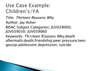Title: Thirteen Reasons Why
Author: Jay Asher
BISAC Subject Categories: JUV028000;
JUV039030; JUV039060
Keywords: Th1rteen R3asons Why;death
aftermath;death;friendship;peer pressure;teen
gossip;adolescent depression; suicide
 