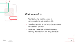 28©2019
Conﬁdential
What we need is
• Well deﬁned of metrics across all
components not just on client side
• Standardized way to exchange those metrics
with various systems
• Proactive & Reactive tools/templates to
identify, troubleshoot and mitigate issues
 