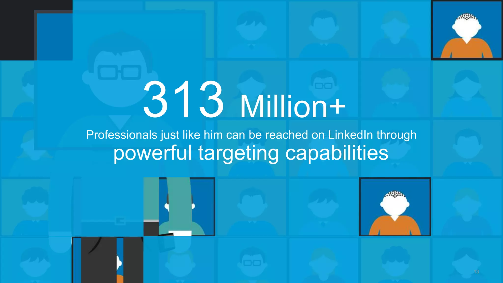 #LinkedInMktg 
313 Million+ 
Professionals just like him can be reached on LinkedIn through 
powerful targeting capabilities 
13 
 