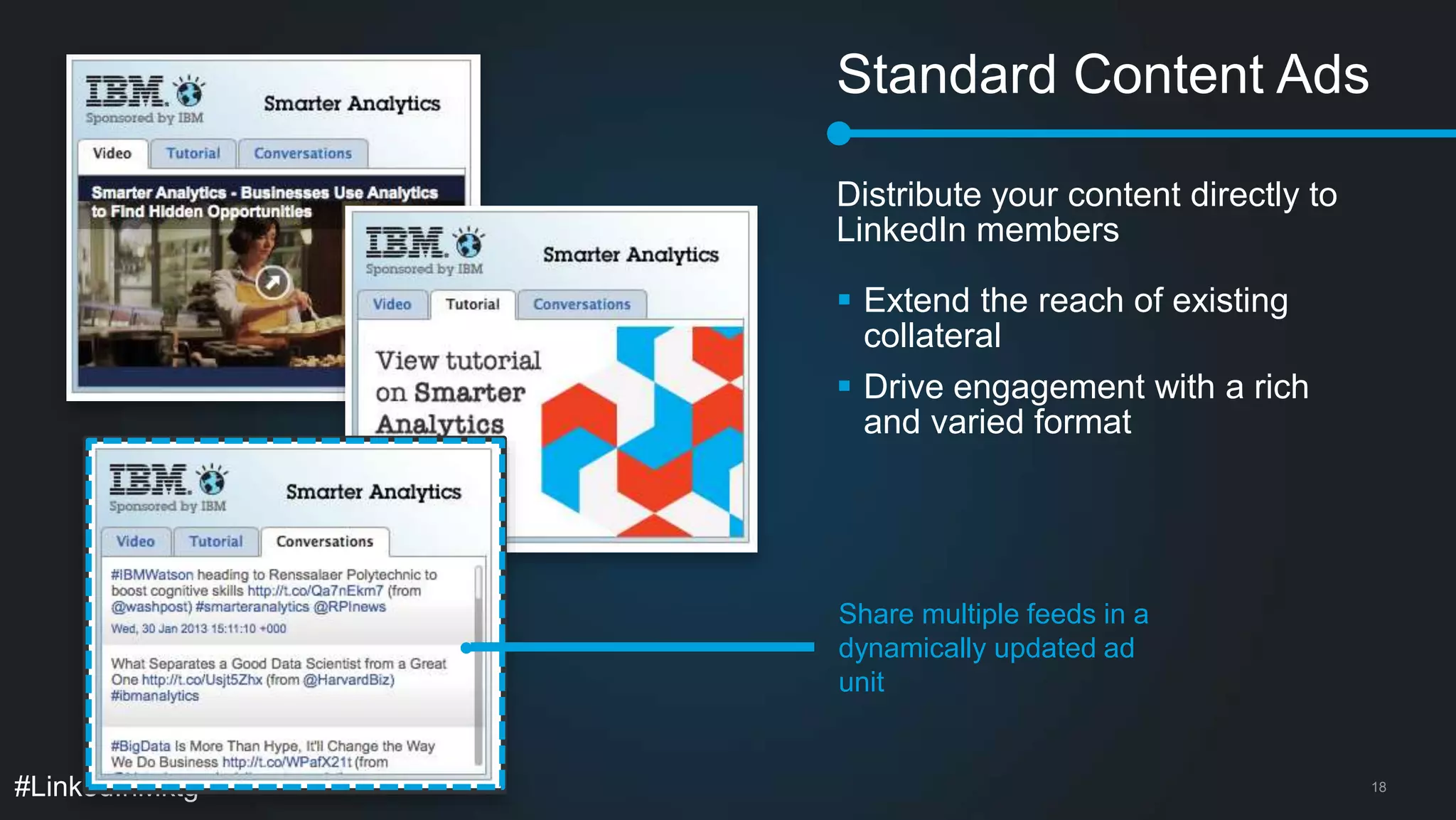 Standard Content Ads 
Distribute your content directly to 
LinkedIn members 
 Extend the reach of existing 
collateral 
 Drive engagement with a rich 
and varied format 
Share multiple feeds in a 
dynamically updated ad 
unit 
#LinkedInMktg 18 
 
