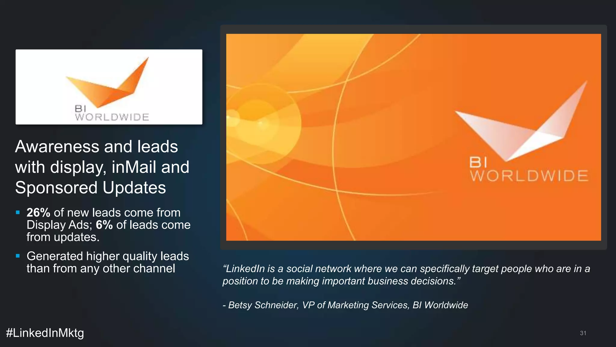  26% of new leads come from 
Display Ads; 6% of leads come 
from updates. 
 Generated higher quality leads 
than from any other channel 
#LinkedInMktg 
31 
Awareness and leads 
with display, inMail and 
Sponsored Updates 
“LinkedIn is a social network where we can specifically target people who are in a 
position to be making important business decisions.” 
- Betsy Schneider, VP of Marketing Services, BI Worldwide 
 