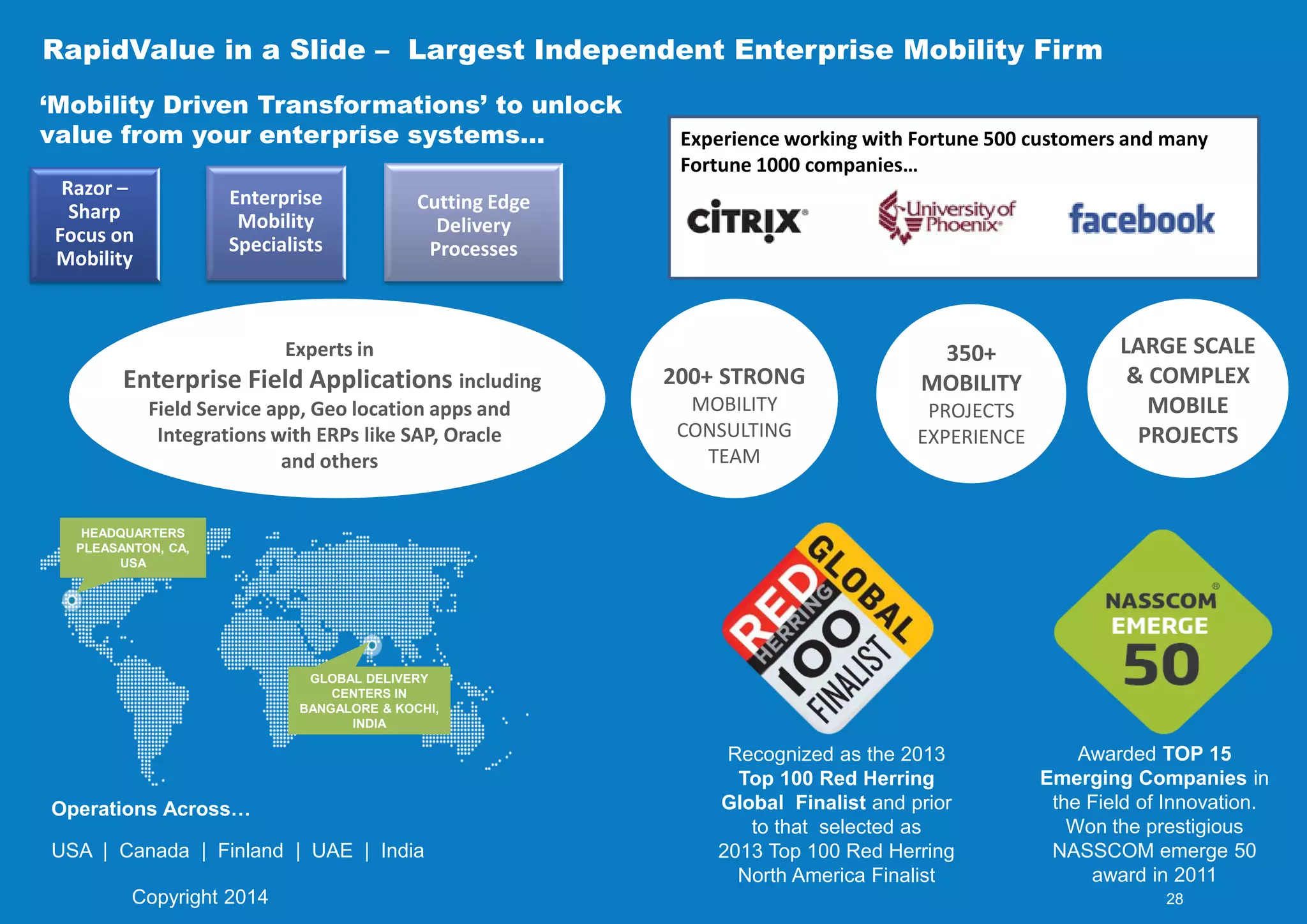 RapidValue in a Slide – Largest Independent Enterprise Mobility Firm
200+ STRONG
MOBILITY
CONSULTING
TEAM
350+
MOBILITY
PROJECTS
EXPERIENCE
LARGE SCALE
& COMPLEX
MOBILE
PROJECTS
Recognized as the 2013
Top 100 Red Herring
Global Finalist and prior
to that selected as
2013 Top 100 Red Herring
North America Finalist
Awarded TOP 15
Emerging Companies in
the Field of Innovation.
Won the prestigious
NASSCOM emerge 50
award in 2011
HEADQUARTERS
PLEASANTON, CA,
USA
GLOBAL DELIVERY
CENTERS IN
BANGALORE & KOCHI,
INDIA
Operations Across…
USA | Canada | Finland | UAE | India
‘Mobility Driven Transformations’ to unlock
value from your enterprise systems…
Razor –
Sharp
Focus on
Mobility
Enterprise
Mobility
Specialists
Cutting Edge
Delivery
Processes
Experience working with Fortune 500 customers and many
Fortune 1000 companies…
Experts in
Enterprise Field Applications including
Field Service app, Geo location apps and
Integrations with ERPs like SAP, Oracle
and others
Copyright 2014 28
 
