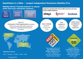 RapidValue in a Slide – Largest Independent Enterprise Mobility Firm
200+ STRONG
MOBILITY
CONSULTING
TEAM
350+
MOBILITY
PROJECTS
EXPERIENCE
LARGE SCALE
& COMPLEX
MOBILE
PROJECTS
Recognized as the 2013
Top 100 Red Herring
Global Finalist and prior
to that selected as
2013 Top 100 Red Herring
North America Finalist
Awarded TOP 15
Emerging Companies in
the Field of Innovation.
Won the prestigious
NASSCOM emerge 50
award in 2011
HEADQUARTERS
PLEASANTON, CA,
USA
GLOBAL DELIVERY
CENTERS IN
BANGALORE & KOCHI,
INDIA
Operations Across…
USA | Canada | Finland | UAE | India
‘Mobility Driven Transformations’ to unlock
value from your enterprise systems…
Razor –
Sharp
Focus on
Mobility
Enterprise
Mobility
Specialists
Cutting Edge
Delivery
Processes
Experience working with Fortune 500 customers and many
Fortune 1000 companies…
Experts in
Enterprise Field Applications including
Field Service app, Geo location apps and
Integrations with ERPs like SAP, Oracle
and others
Copyright 2014 28
 