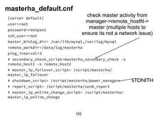masterha_default.cnf
[server default]
user=root
password=rootpass
ssh_user=root
master_binlog_dir= /var/lib/mysql,/var/log...