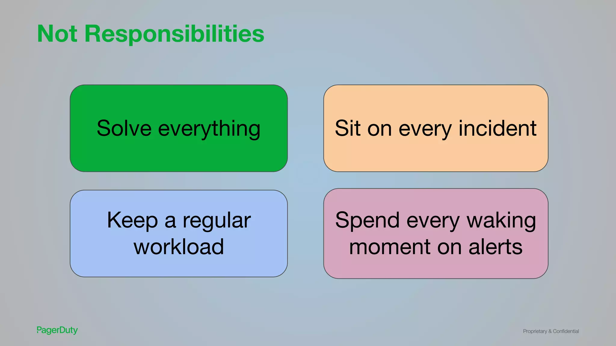 Proprietary & Conﬁdential
Not Responsibilities
Solve everything
Keep a regular
workload
Sit on every incident
Spend every waking
moment on alerts
 