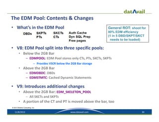 The EDM Pool: Contents & Changes
• What’s in the EDM Pool

General ROT: shoot for
80% EDM efficiency
(1 in 5 DBD/SKPT/SKCT
needs to be loaded)

• V8: EDM Pool split into three specific pools:
• Below the 2GB Bar
– EDMPOOL: EDM Pool stores only CTs, PTs, SKCTs, SKPTs
– Provides VSCR below the 2GB Bar storage

• Above the 2GB Bar
– EDMDBDC: DBDs
– EDMSTMTC: Cached Dynamic Statements

• V9: Introduces additional changes
• Above the 2GB Bar: EDM_SKELETON_POOL
– All SKCTs and SKPTs 

• A portion of the CT and PT is moved above the bar, too
© 2013 Mullins Consulting, Inc.

11/8/2013

www.datavail.com

30

 