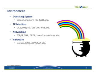 Environment
• Operating System
• version, memory, JCL, RACF, etc.

• TP Monitors
• CICS, IMS/TM, C/S GUI, web, etc.

• Networking
• TCP/IP, SNA, DRDA, stored procedures, etc.

• Hardware
• storage, RAID, zIIP/zAAP, etc.

© 2013 Mullins Consulting, Inc.

11/8/2013

www.datavail.com

35

 