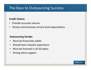 5
The Keys to Outsourcing Success
Credit Unions
• Provide accurate volume 
• Clearly communicate service level expectations
Outsourcing Vendor
• Must be financially stable
• Should have industry experience
• Must be licensed in all 50 states
• Strong client support
 