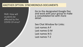 PAIR: How will
students be
affected by the
COVID-19 virus?
ANOTHER OPTION: SYNCHRONOUS DOCUMENTS
Go to the designated Google Doc
and work with your group to make
a consolidated list with more
detail.
See Chat Window for Links:
Last names A-F
Last names G-M
Last names N-S
Last names T-Z
 