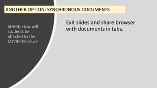 SHARE: How will
students be
affected by the
COVID-19 virus?
ANOTHER OPTION: SYNCHRONOUS DOCUMENTS
Exit slides and share browser
with documents in tabs.
 