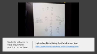 Students will need to
have a low-stakes
practice run (or two)
Uploading Docs Using the CamScanner App
https://www.youtube.com/watch?v=5KQ-ySs03Wo&t=22s
 
