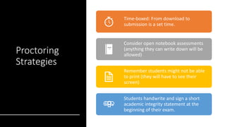 Proctoring
Strategies
Time-boxed: From download to
submission is a set time.
Consider open notebook assessments
(anything they can write down will be
allowed)
Remember students might not be able
to print (they will have to see their
screen)
Students handwrite and sign a short
academic integrity statement at the
beginning of their exam.
 