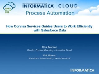 How Corvisa Services Guides Users to Work Efficiently
with Salesforce Data
Clive Bearman
Director Product Marketing, Informatica Cloud
Erik Eklund
Salesforce Administrator, Corvisa Services
 