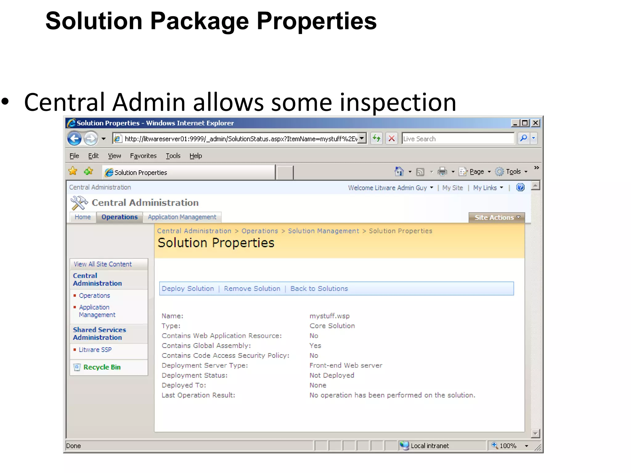 Central Admin allows some inspection Solution Package Properties 
