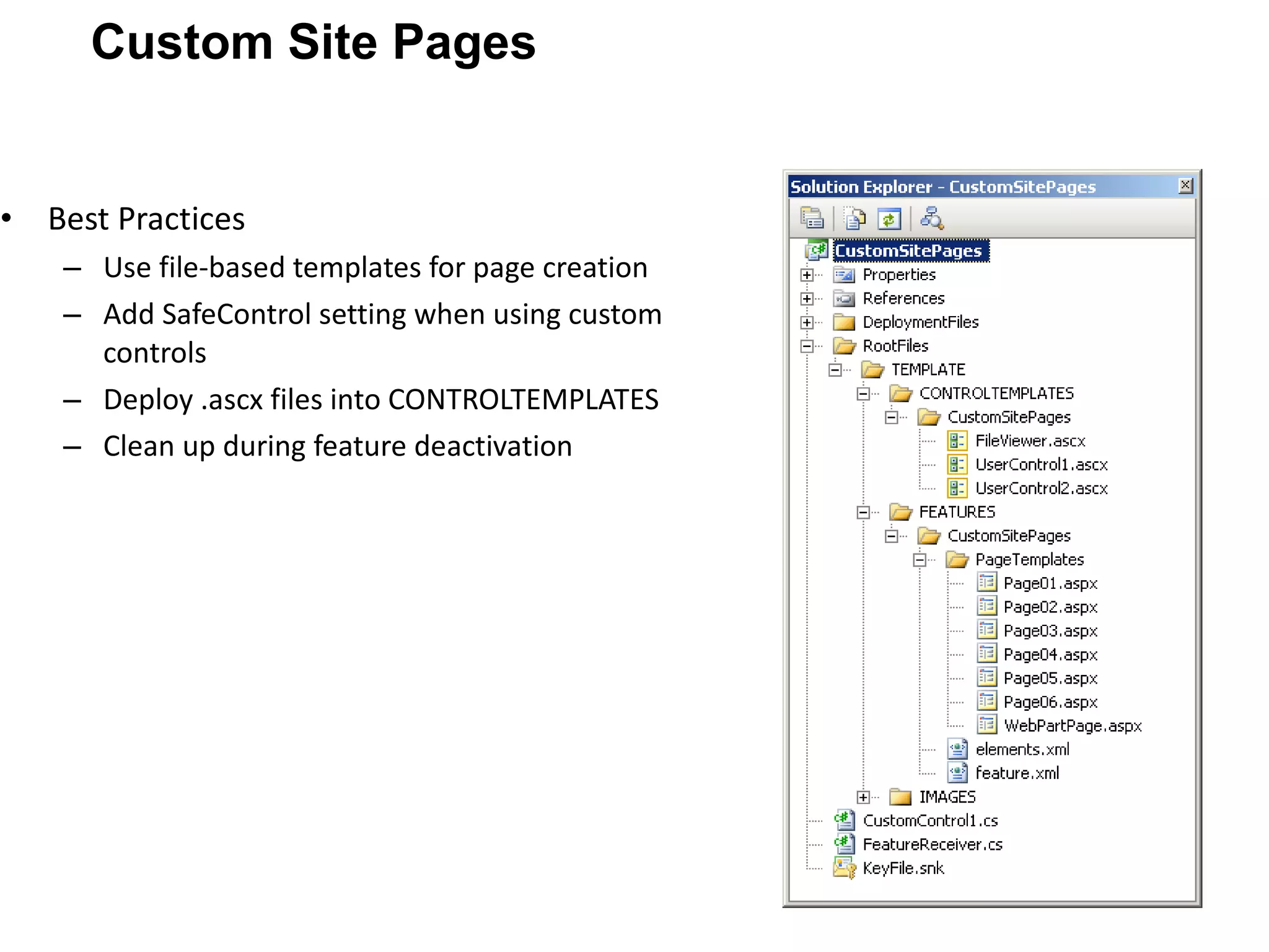Best Practices Use file-based templates for page creation Add SafeControl setting when using custom controls Deploy .ascx files into CONTROLTEMPLATES Clean up during feature deactivation Custom Site Pages 
