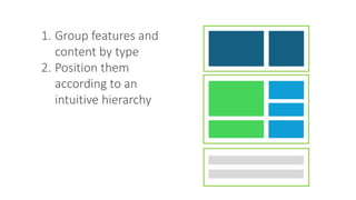 1. Group features and
content by type
2. Position them
according to an
intuitive hierarchy
 