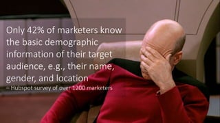 Only 42% of marketers know
the basic demographic
information of their target
audience, e.g., their name,
gender, and location
– Hubspot survey of over 1200 marketers
 