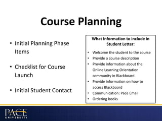 Course Planning
• Initial Planning Phase
Items
• Checklist for Course
Launch
• Initial Student Contact
What Information to include in
Student Letter:
• Welcome the student to the course
• Provide a course description
• Provide information about the
Online Learning Orientation
community in Blackboard
• Provide information on how to
access Blackboard
• Communication: Pace Email
• Ordering books
 