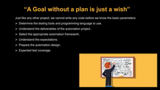 “A Goal without a plan is just a wish”
Just like any other project, we cannot write any code before we know the basic parameters:
 Determine the testing tools and programming language to use.
 Understand the deliverables of the automation project.
 Select the appropriate automation framework.
 Understand the expectations.
 Prepare the automation design.
 Expected test coverage.
 