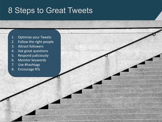 8 Steps to Great Tweets


1.   Optimize your Tweets
2.   Follow the right people
3.   Attract followers
4.   Ask great que...