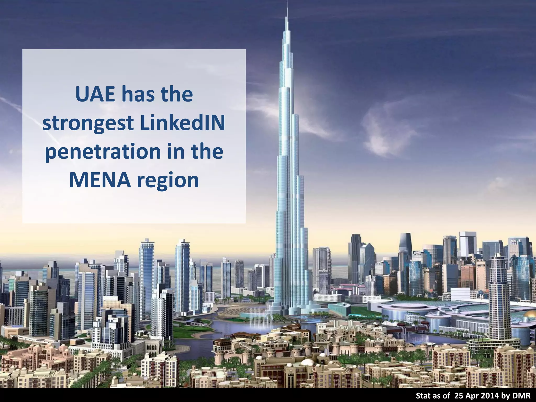 UAE has the
strongest LinkedIN
penetration in the
MENA region
Stat as of 25 Apr 2014 by DMR
 