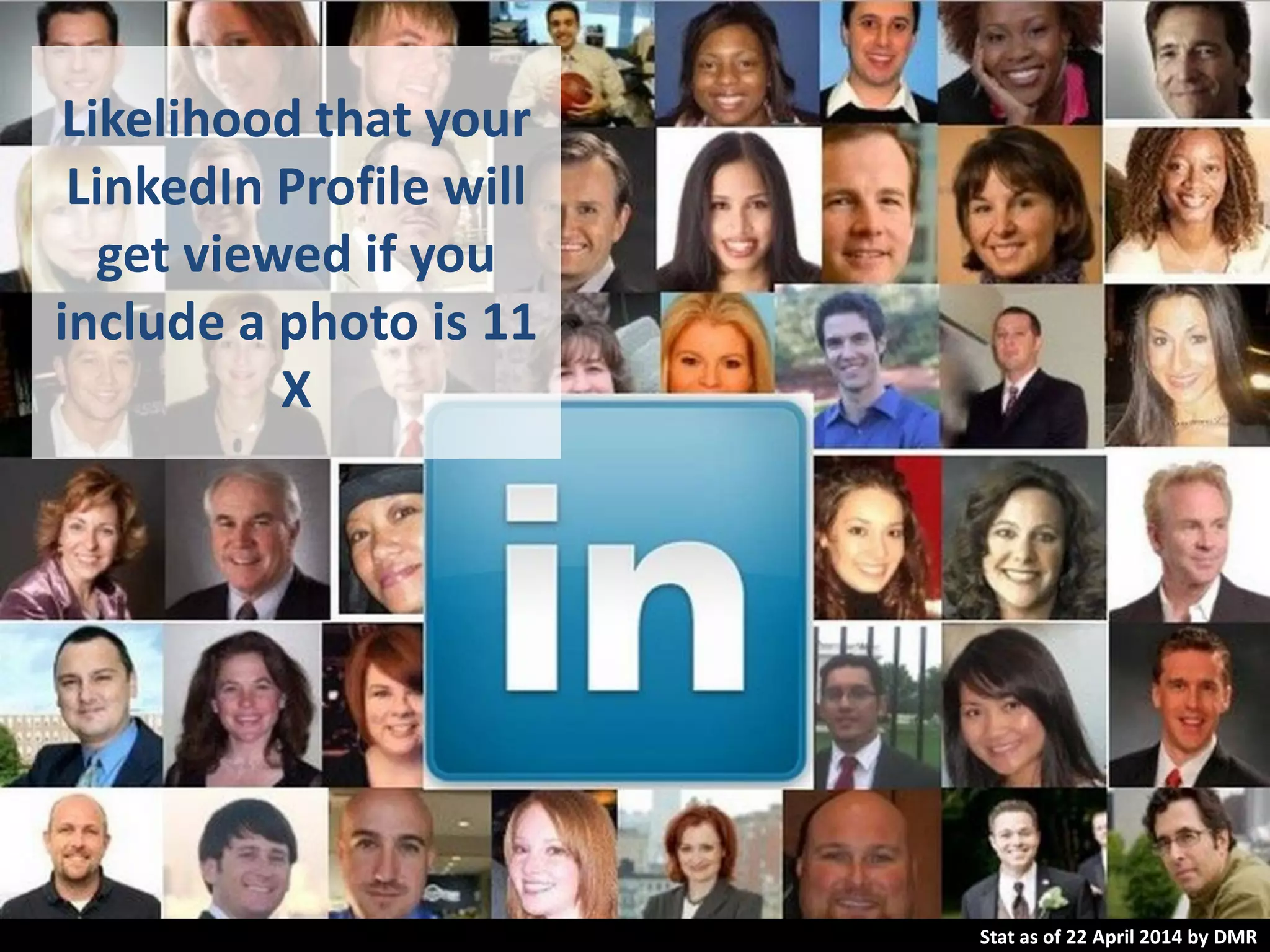 Likelihood that your
LinkedIn Profile will
get viewed if you
include a photo is 11
X
Stat as of 22 April 2014 by DMR
 