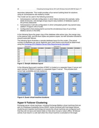 28                                     Virtualizing Exchange Server 2010 with Windows Server® 2008 R2 Hyper V™

secondary datacenter. This model provides a four-server building block for solutions
using an active/passive site-resiliency model.
This model can be used in the following scenarios:
    Active/passive multi-site configuration in which failure domains (for example, racks,
    blade enclosures, and storage arrays) require easy isolation of database copies in
    the primary datacenter.
    Active/passive multi-site configuration in which anticipated growth may warrant easy
    addition of logical units of scale.
    Configurations that arerequired to survive the simultaneous loss of up to three
    Mailbox servers in the DAG.

In the following figure the green copy of the database isthe active copy, the orange copy
is the passive copy, and the blue copies are passive copies, but with activation blocked to
prevent automatic failover.
The following figure illustrates a sample database layout for this model. (The actual
number of databases per server depends upon many factors and should be determined
using the Exchange 2010 Mailbox Server Role Requirements Calculator).
              Datacenter 1                                        Datacenter 2
Database      DC1MBX1        DC1MBX2      DC1MBX3     DC1MBX4     DC2MBX1        DC2MBX2   DC2MBX3     DC2MBX4
DB1           C1             C2                                   C3             C4
DB2           C1             C2                                   C3             C4
DB3           C2             C1                                   C4             C3
DB4           C2             C1                                   C4             C3
DB5                                       C3          C4                                   C1          C2
DB6                                       C3          C4                                   C1          C2
DB7                                       C4          C3                                   C2          C1
DB8                                       C4          C3                                   C2          C1
Figure 3. Sample database layout

In the following figure each member of DAG1 is hosted on a separate Hyper-V server and
each member of DAG2 is hosted on a separate Hyper-V server. This provides both
server high availability and site resilience.

     Physical Hyper-V              Physical Hyper-V              Physical Hyper-V               Physical Hyper-V
          Host1                         Host2                         Host3                          Host4




        DC1MBX1                           DC1MBX2                   DC2MBX1                        DC2MBX2




        DC1MBX3                           DC1MBX4                   DC2MBX3                        DC2MBX4


Figure 4. Guest virtual machine locations


Hyper-V Failover Clustering
Exchange server virtual machines, including Exchange Mailbox virtual machines that are
part of a Database Availability Group (DAG), canbe combined with host-based failover
clustering and migration technology as long as the virtual machines are configured such
that they will not save and restore state on disk when moved or taken offline. All failover
activity must result in a cold start when the virtual machine is activated on the target
 