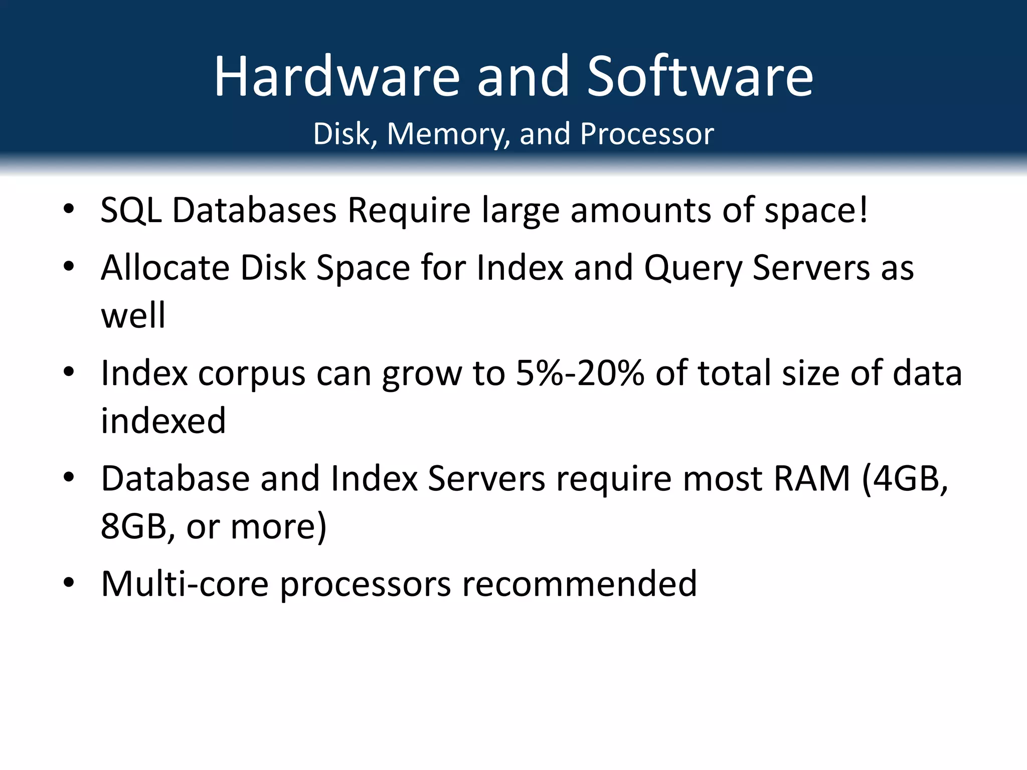 Logical ArchitectureDistribute by DefaultDistribute content across multiple Site CollectionsDistribute Site Collections Across Multiple DBsMultiple databases = more controlled DB growthTry to keep your Content DBs manageable in size (50-100GB)