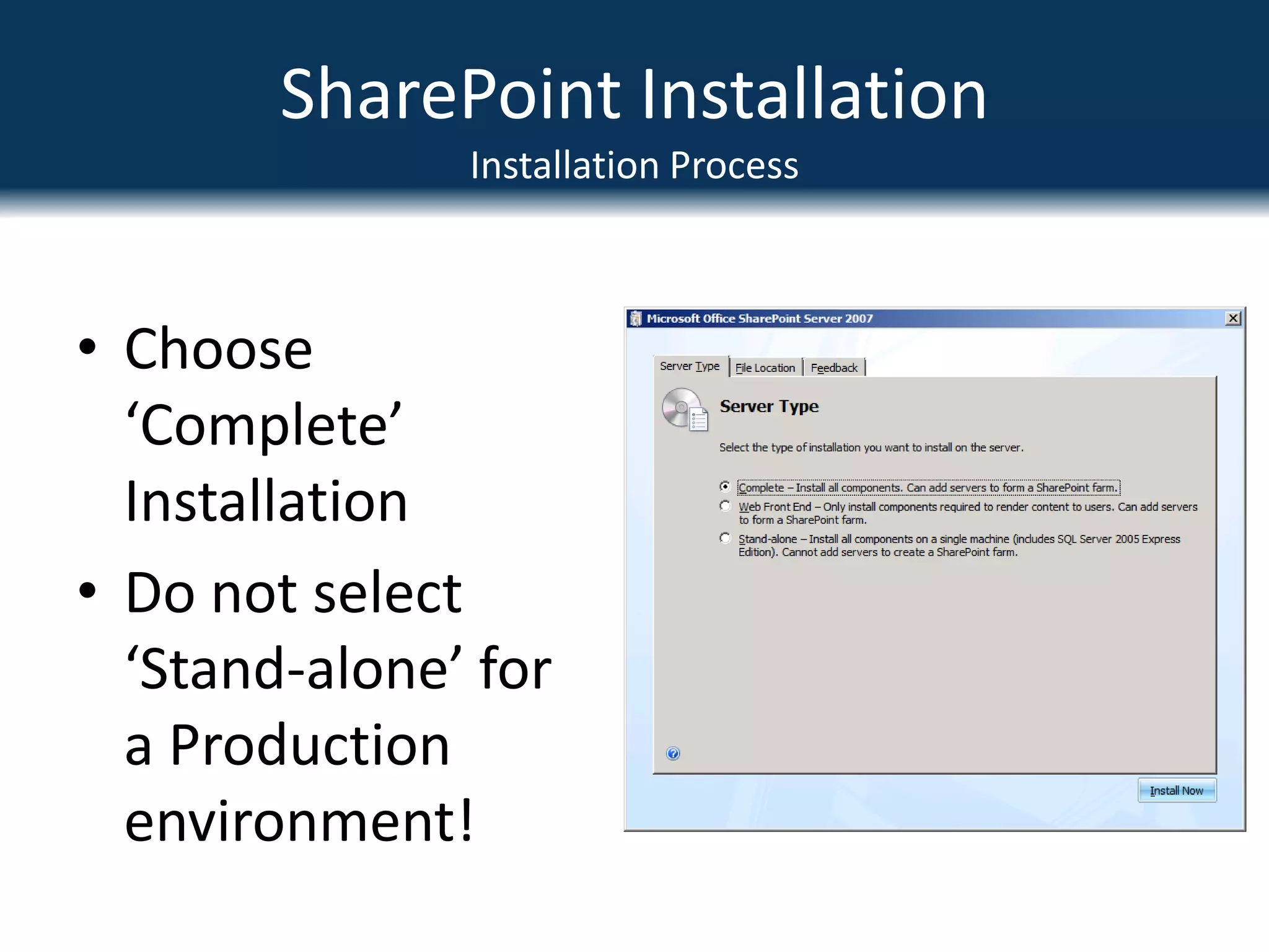Hardware and SoftwareSQL Server VersionsSQL Server 2008 Recommended64 bit also highly recommended (required for SharePoint 2010)SQL Server 2005 still supportedSQL 2000 supported for Sharepoint 2007, but not for 2010, and not recommendedSeparate SQL Reporting Services server may be required for intensive reportingStandard edition of SQL generally fine, except for very large environments