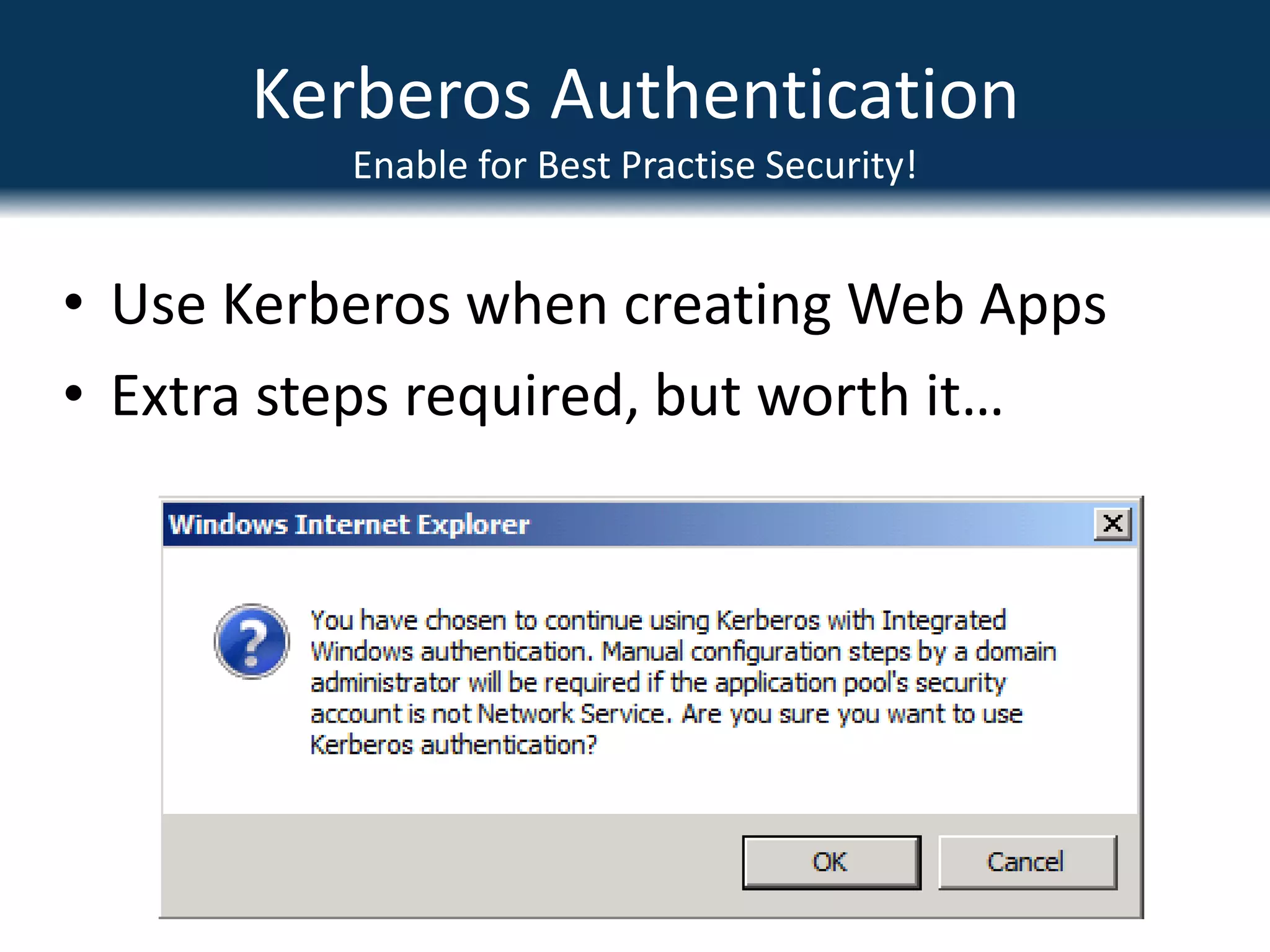 SharePoint InstallationRunning the Config Wizard to Install ServersConsider PSConfigUse Easy to remember port for SPCA (i.e. 8888)Better still, change SPCA to 443 laterUse Common Database Naming ConventionAccount running wizard needs DBCreatorand Security Admin rights on SQL ServerRun the wizard on additional servers as necessary