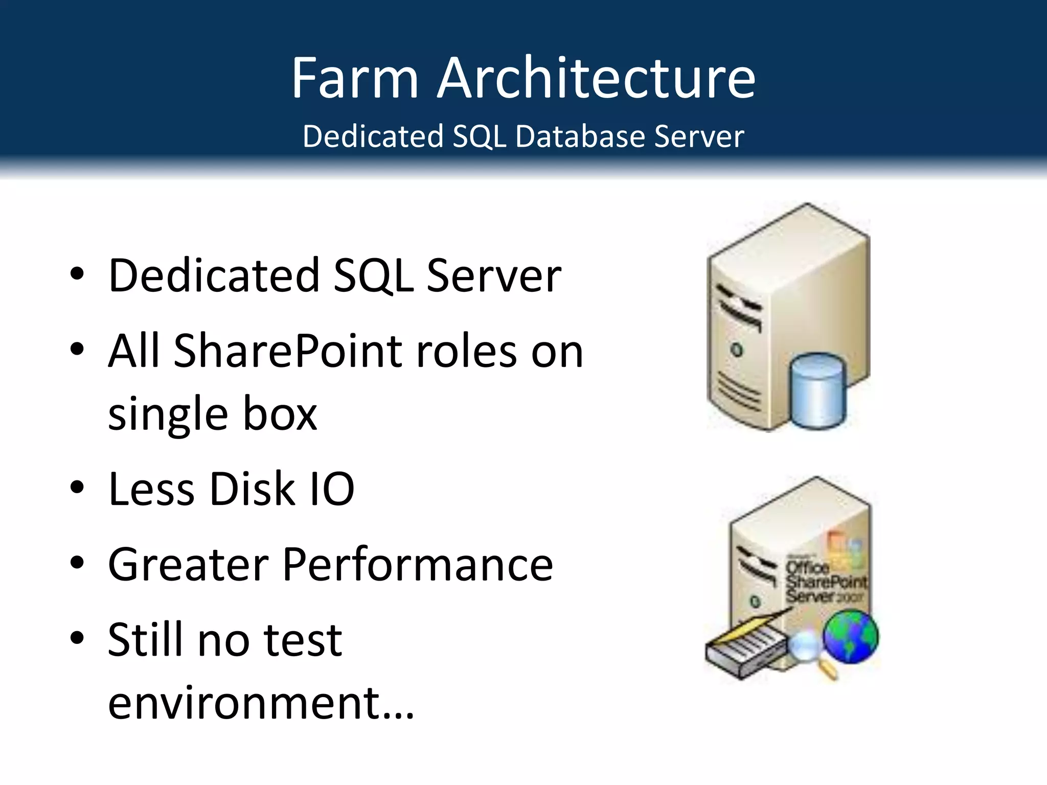 Farm ArchitectureDedicated SQL Database ServerDedicated SQL ServerAll SharePoint roles on single boxLess Disk IOGreater PerformanceStill no test environment…