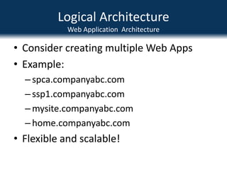 High Availability Architecture Database Mirroring – Cross Site HA Mirroring OptionTwo Sites1 ms Latency1GB BandwidthFarm Servers in each locationAuto Failover